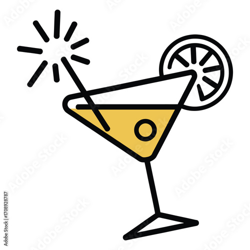 Illustration of a cocktail glass with a lemon slice and a sparkler perfect for party invitations or bar menus