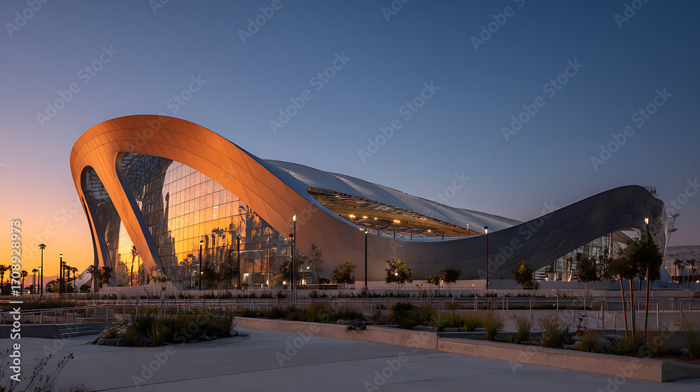 Obraz premium Modern architectural structure with flowing design at twilight