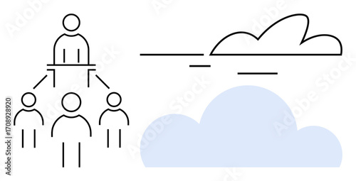 Connected team hierarchy and two symbolized clouds reflecting network, collaboration, digital transformation, and remote storage. Ideal for leadership, teamwork, cloud technology, organization