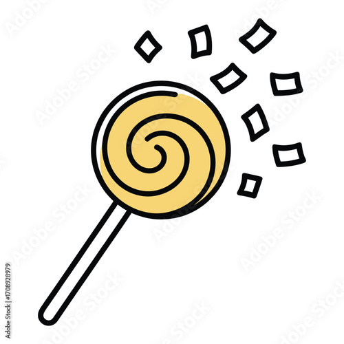 A delightful yellow lollipop with a swirl design, surrounded by sparkling confetti, , evokes a sense of sweetness and celebration