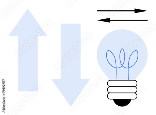 Light bulb with filament design next to upward and downward arrows and contrasting horizontal arrows. Ideal for innovation, decision-making, growth, efficiency, strategy, process, simple flat