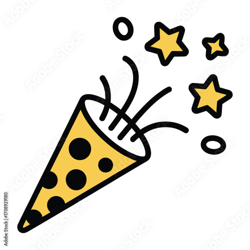 Illustration of a party popper with confetti and stars, great for birthday, celebration, and festive designs