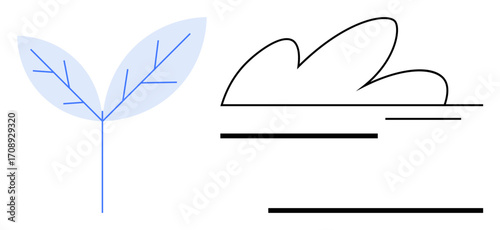 Stylized plant with two blue leaves and outlines of a cloud paired with horizontal lines. Ideal for concepts thumbs up growth, nature, sustainability, ecology, simplicity, mindfulness, and clean