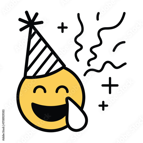 Emoji wearing a party hat with confetti, represents celebration, joy, and festive mood, perfect for expressing happiness and fun in digital communication
