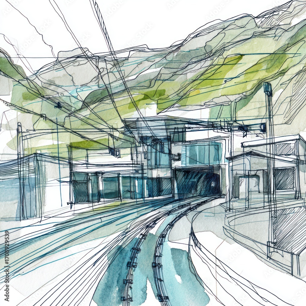 Obraz premium Architectural drawing railway tunnel