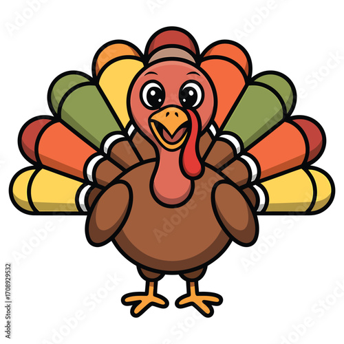 A delightful cartoon illustration of a turkey, showcasing its colorful plumage and cheerful expression on a
