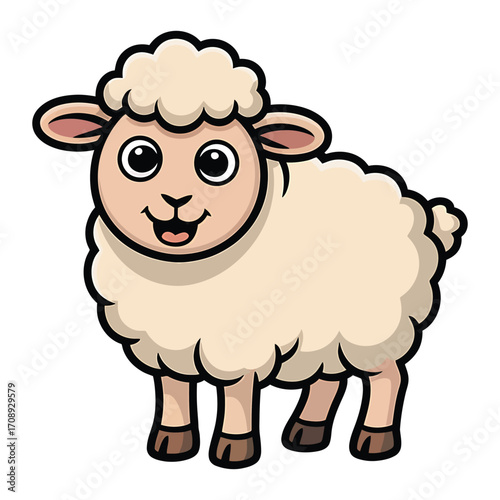 Cute cartoon sheep happy and smiling sheep character, adorable farm animal illustration for kids, educational material