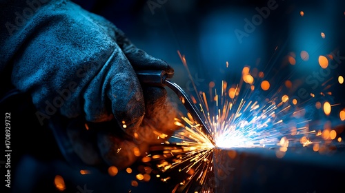 A skilled welder in protective gear uses a torch to weld metal, creating bright sparks and a glowing blue flame.
