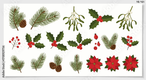 Christmas icon download christmas vector elements for holiday design, pine branches, mistletoe, holly, poinsettia clip art vector