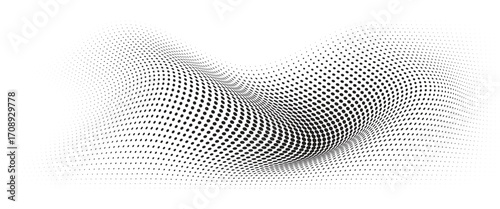 Flowing Wave Dot Halftone Pattern: Curve Gradient Shape on Transparent Background. Suitable for AI, Tech, Network, Digital, Science, and Technology Themes.