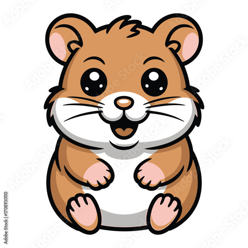 Cute hamster cartoon adorable pet rodent with brown fur, pink paws, and big eyes sitting and smiling happily in a vector illustration