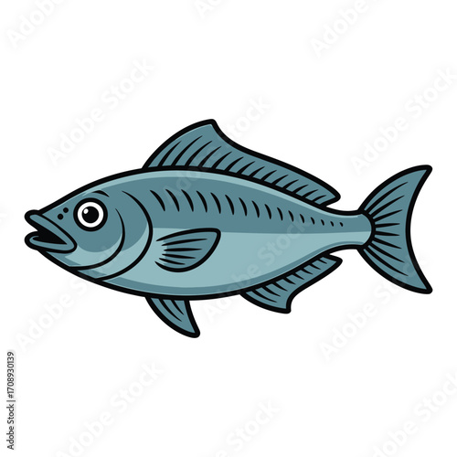 Cartoon fish freshwater fish with blue scales, a dorsal fin, and a streamlined body swimming in a vector illustration