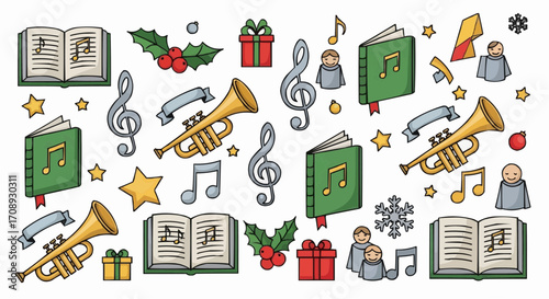 Christmas icon christmas carol music score books with musical notes and trumpets for holiday season celebration event vector
