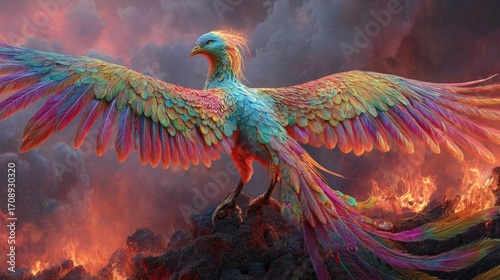 Colourful phoenix bird with spread wings on smoky background. Mythical fiery creature rising from the ashes