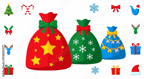 Christmas icon christmas gift bags vector illustration with christmas tree reindeer snowflake candy cane santa hat and bells vector