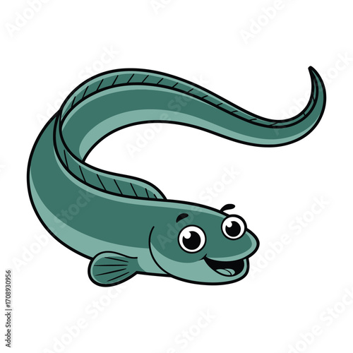 Cartoon eel with a happy expression, perfect for childrens books, educational materials, or marine life illustrations