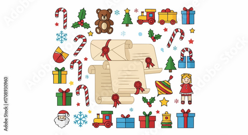 Christmas icon christmas holiday vector illustration with santa claus gifts candy cane teddy bear and christmas tree design elements vector