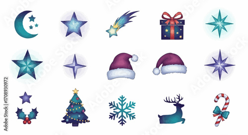 Christmas icon watercolor christmas elements vector set with christmas tree santa hat gift box snowflake and reindeer design vector