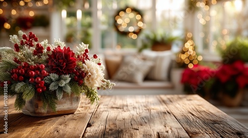 Festive Holiday Christmas Floral Arrangement on Wooden Table