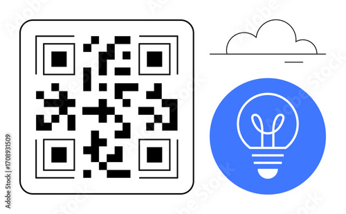 QR code paired with a glowing light bulb in a blue circle, signifying ideas, creativity, and tech solutions. Ideal for digital tools, innovation, branding, marketing, accessibility technology