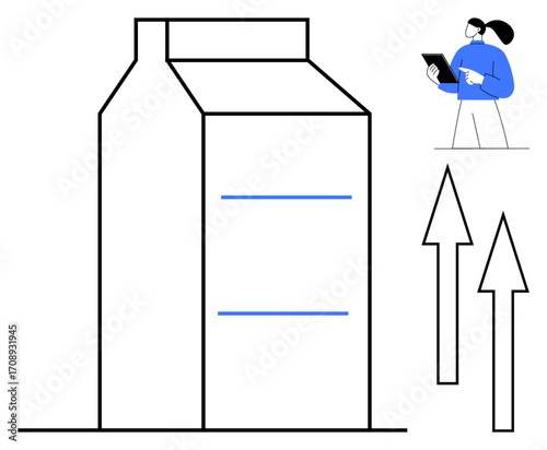 Minimalist milk carton design, woman holding tablet analyzing data, two upward arrows symbolizing growth. Ideal for dairy marketing, food industry trends, product innovation, analysis, growth