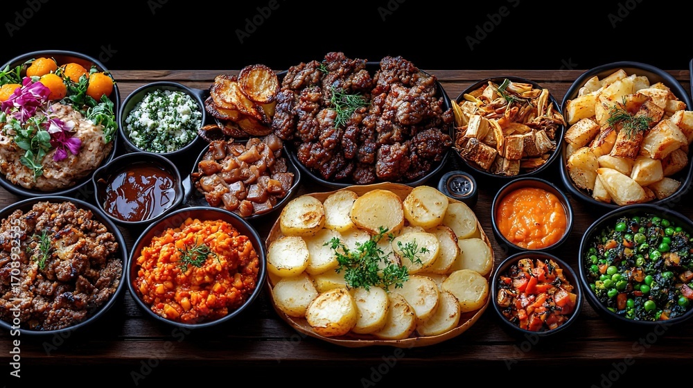 Fototapeta premium Assorted Platter of Grilled Meats and Sides on Wooden Table