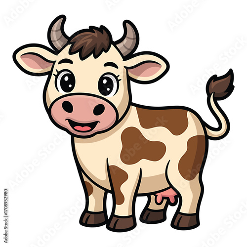 Cute cartoon cow adorable farm animal with brown spots and a friendly smile, perfect for childrens illustrations and educational materials