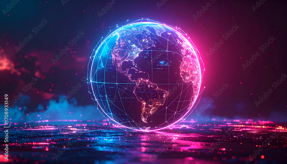 Obraz premium 3D render of futuristic digital globe with network connections, AI and technology