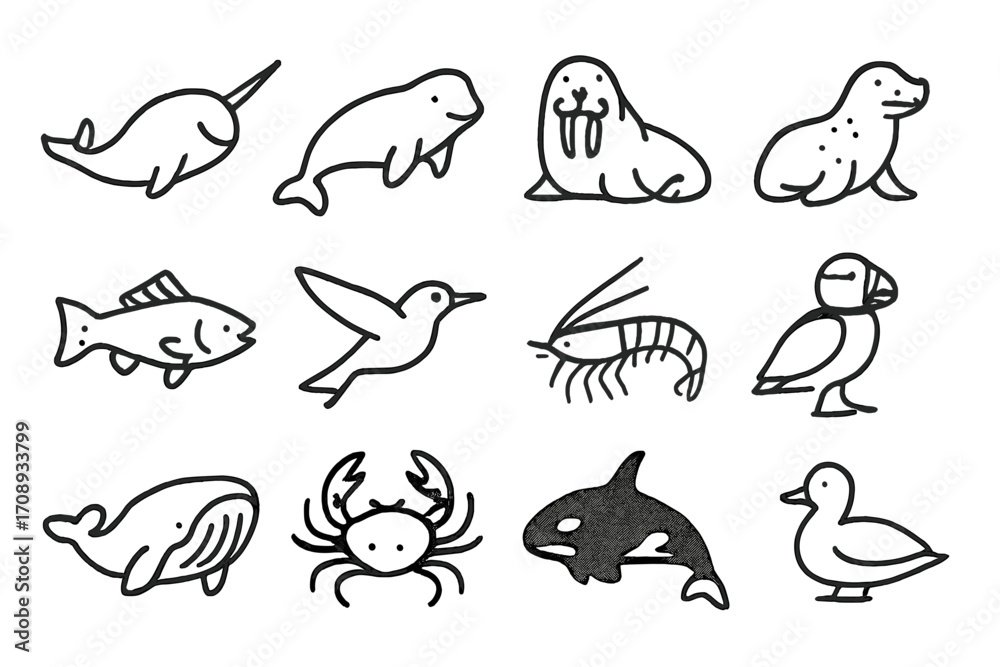Fototapeta premium Marine life silhouette icon set. featuring narwhal, seal, fish, hummingbird, walrus, shrimp, puffin, whale