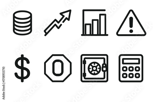 Finance silhouette icon set. featuring money, growth, statistics, warning, dollar, stop, security, calculator symbols