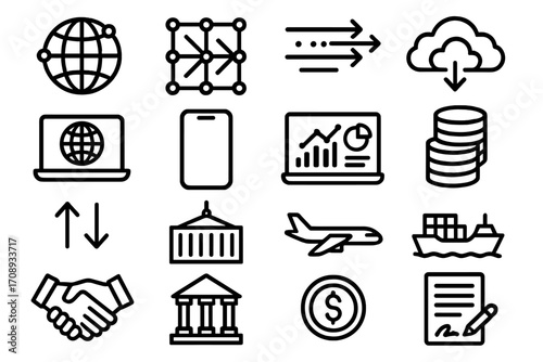 Business and technology linear icon set. featuring internet, network, data, cloud, and finance symbols