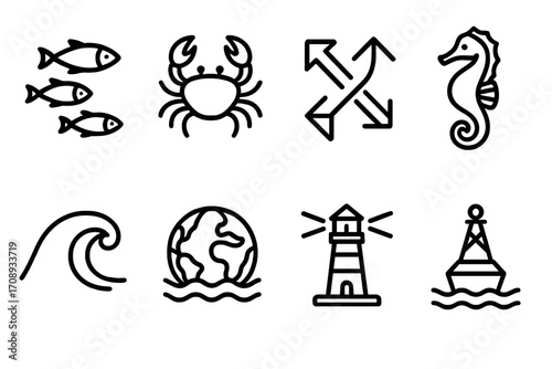 Ocean silhouette icon set. featuring fish, crab, arrows, seahorse, wave, earth, lighthouse, buoy symbols