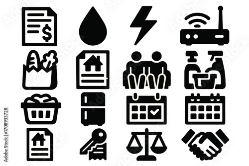 Real estate finance silhouette icon set. featuring contract, payment, water, energy, connectivity symbols