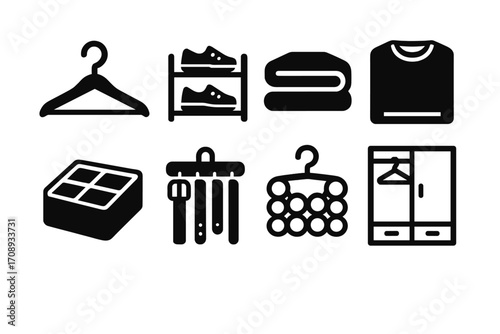 Closet essentials silhouette icons set. featuring hanger, rack, shoes, folded clothes, shirt, organizer, belts, wardrobe.