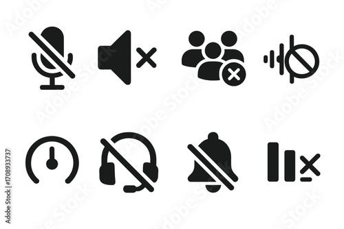 Silhouette icon set. featuring mute, volume off, no group, silent, power, headset, no notification, pause symbols