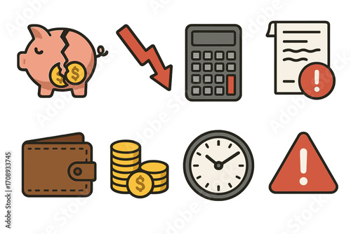 Financial crisis flat icon set. featuring piggy bank, down arrow, calculator, bill, wallet, coins, clock, warning symbols