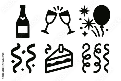 Celebration silhouette icon set. featuring champagne, glasses, fireworks, balloon, confetti, and cake symbols