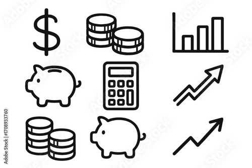 Finance and investment silhouette icon set. featuring coins, chart, piggy bank, calculator, and arrow symbols