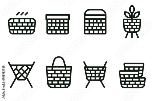 Home storage linear icon set. featuring baskets, planters, laundry, and more organization symbols