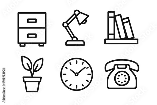 Office essentials linear icons set. featuring file cabinet, lamp, books, plant, clock, and telephone symbols