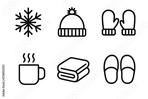 Winter essentials silhouette icon set. featuring snowflake, hat, mittens, mug, blanket, and slippers icons