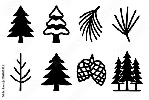 Nature silhouette icon set. featuring pine, fir, needles, cones, branches, and forest symbols