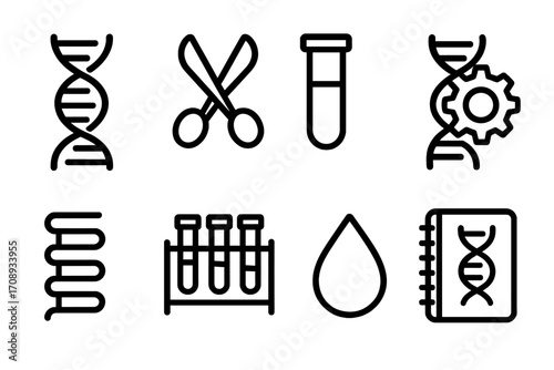 Science linear icon set. featuring dna, scissors, test tube, lab equipment, blood drop, and lab notebook symbols