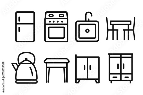 Home appliances silhouette icon set. featuring fridge, stove, sink, table, kettle, nightstand, cabinet, wardrobe