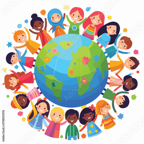 Children circling a globe with a simple and minimalist flat design using a white background.