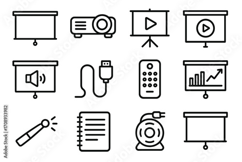 Presentation equipment linear icon set. featuring screen, projector, audio, remote, microphone, and chart symbols
