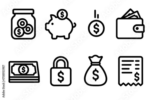 Finance outline icon set. featuring coin jar, piggy bank, wallet, cash stack, padlock, money bag, and receipt symbols