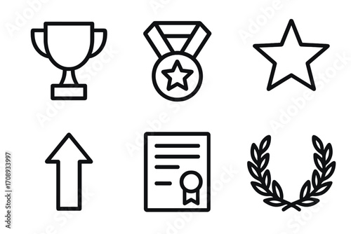 Achievement silhouette icon set. featuring trophy, medal, star, growth, certificate, wreath symbols