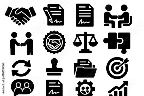 Business and legal silhouette icon set. featuring handshake, contract, meeting, justice, and workflow symbols