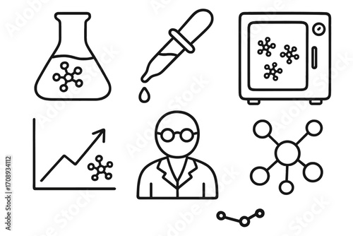 Science laboratory linear icon set. featuring flask, pipette, incubator, graph, scientist, molecule symbols